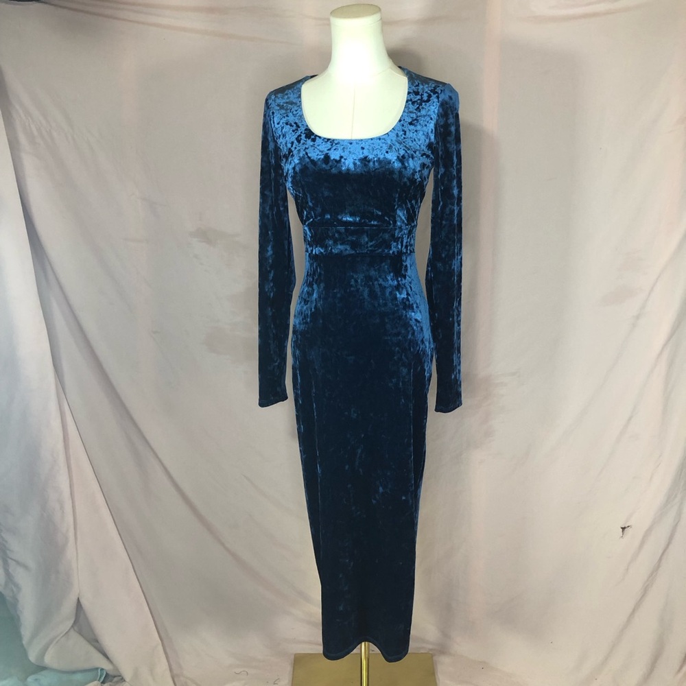 Blue Velvet Long Sleeve Bodycon Dress Prom Party Formal Size Small XS
